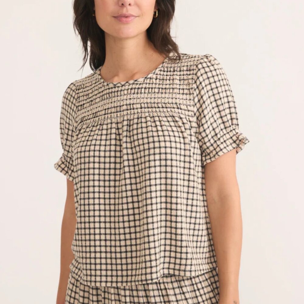 Marine Layer Cream and Black Grid Smocked Short Sleeve Top